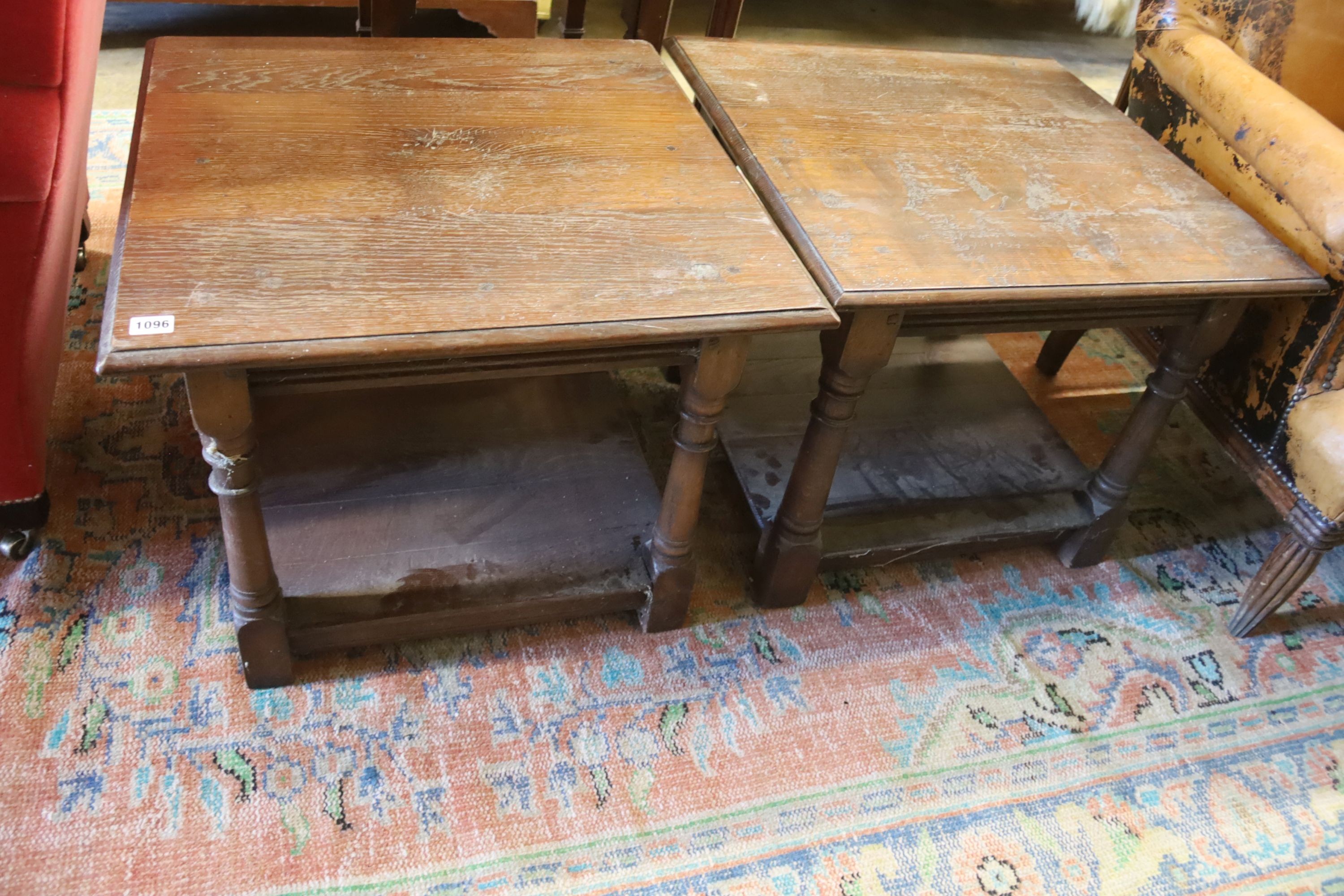 A pair of square hardwood two tier low tables, width 61cm, height 50cm